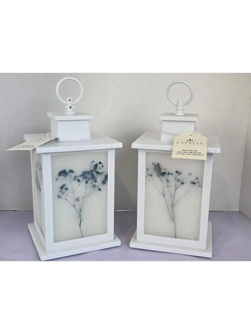 Set of 2 New Cypress brand White Decorative Lanterns with Floral Design